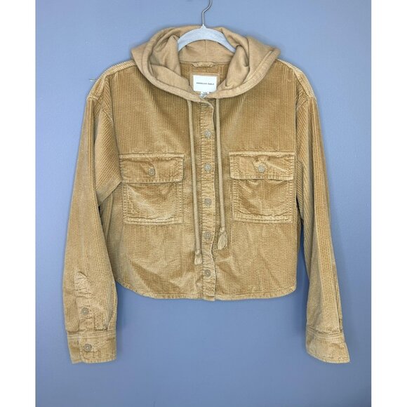 American Eagle Jacket Womens Medium Tan Corduroy Hooded Shacket Button Down Soft - Picture 1 of 15